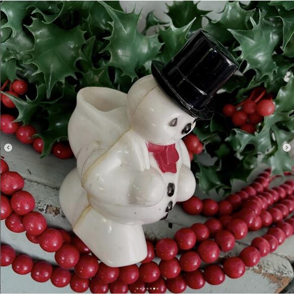 Vintage Rosbro Snowman Candy Container Plastic Christmas Black Hat Scarf NO PIPE - Picture 6 of 7